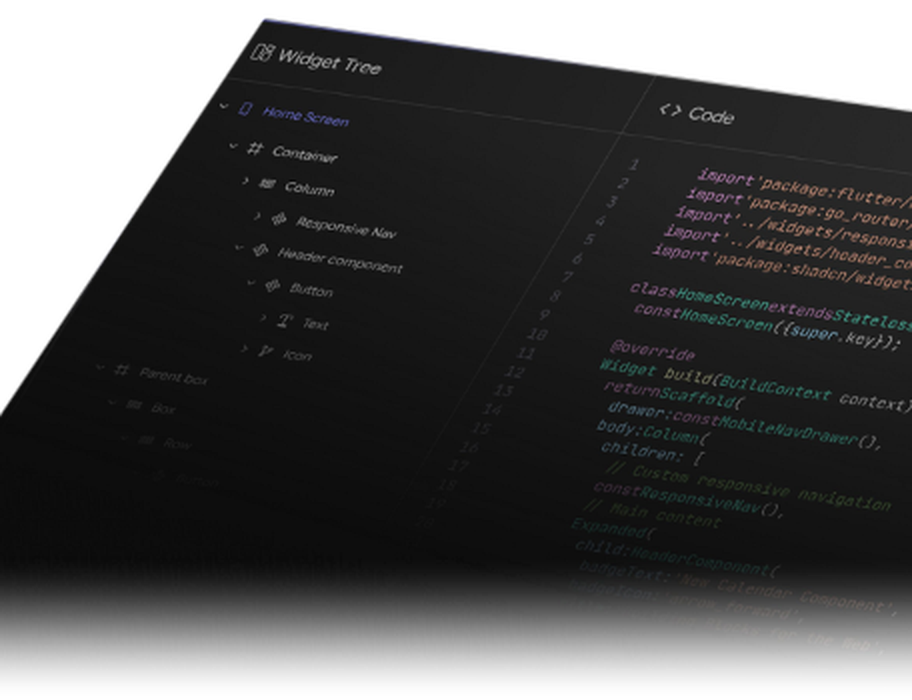 Dreamflow editor: widget tree beside generated Flutter code